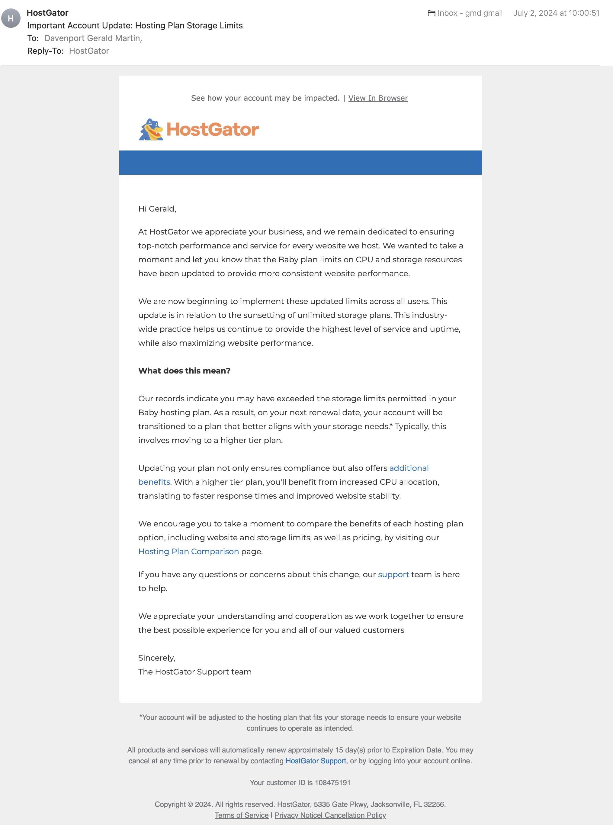 Email from Hostgator saying they are updating my plan and decreasing account limits.