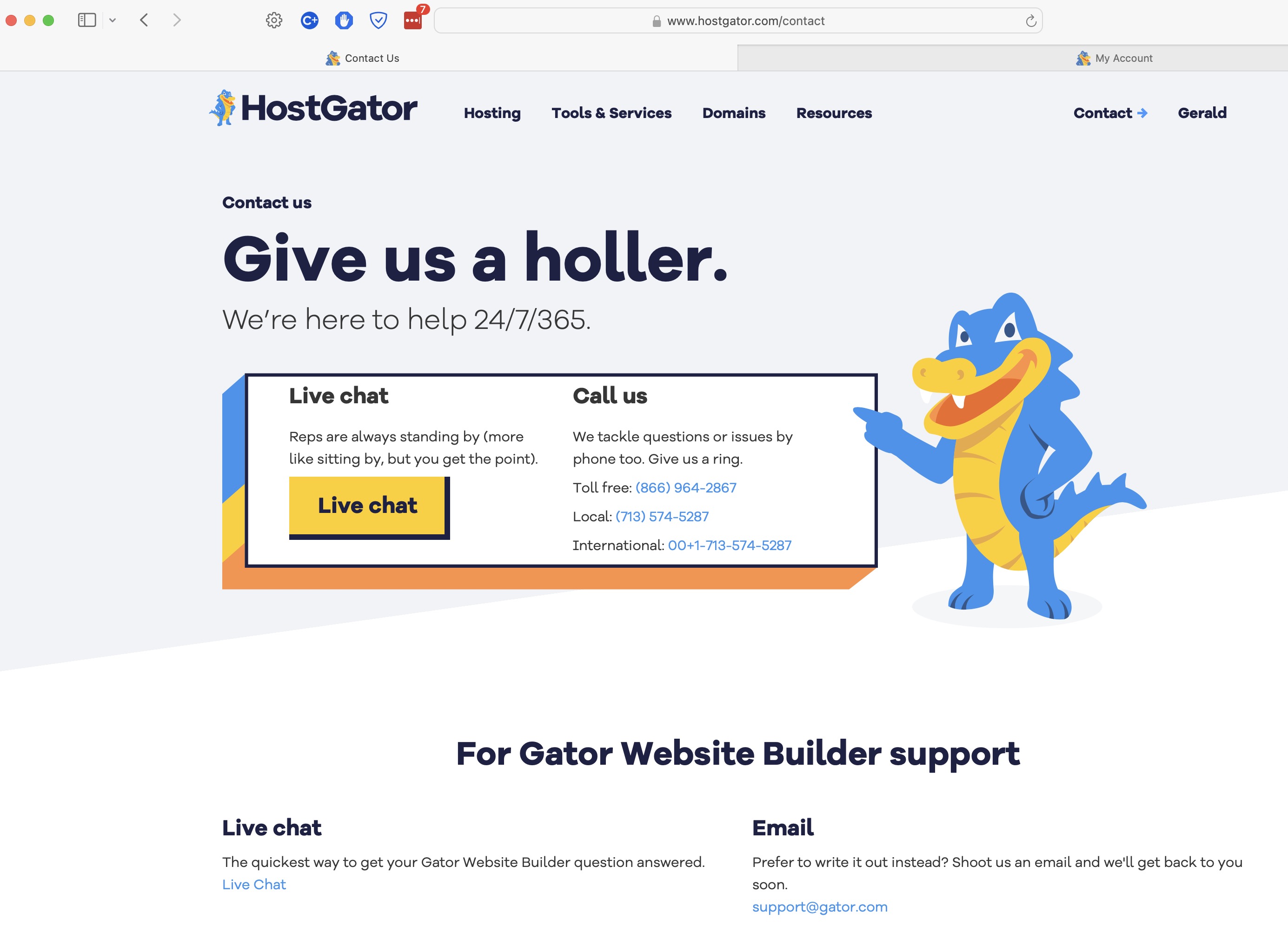 Hostgator.com website with support@gator.com email address